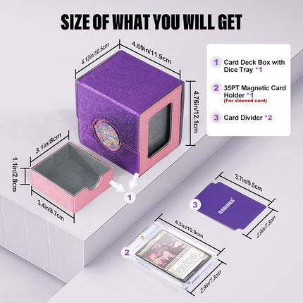 Kabinka Commander Deck Box for MTG with Metal Emblem, Card Deck Box with Dice Tray, Holds 100 Double-Sleeved Cards for TCG/PTCG, Cards Storage Case with 35PT Magnetic Card Holder (Pink& Purple, Lotus)