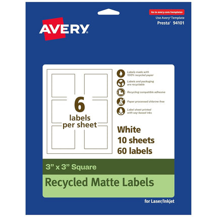 Avery EcoFriendly Matte White Recycled Square Labels, 3" x 3", Print-to-The-Edge, Matte White Labels, Permanent Adhesive, Laser/Inkjet Printable, 60 Total