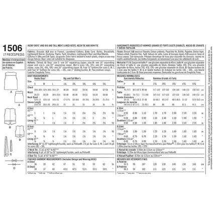 Simplicity Sewing Pattern 1506: Husky Boys' and Big and Tall Men's Vests, Size A, Paper, White, A (S-L / 1XL-5XL)