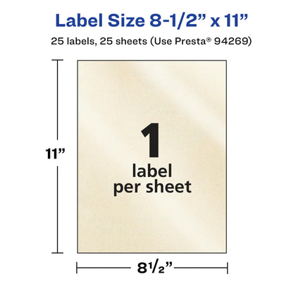 Avery Pearlized Ivory Rectangle Labels, 8.5" x 11", 25 Pearlized Ivory Labels, Laser/Inkjet Printable Labels