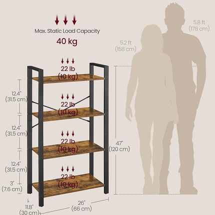 VASAGLE Bookshelf, 4-Tier Shelving Unit, Bookcase, Book Shelf, 11.8 x 25.9 x 47.2 Inches, for Home Office, Living Room, Rustic Brown and Black ULLS60BX