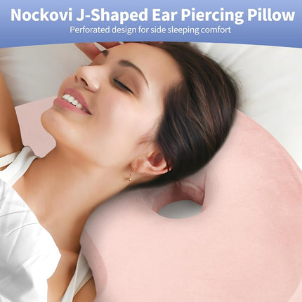 Nockovi 4" Hole Piercing Pillow for Side Sleepers (Pillow with Pink Velvet Pillowcase, J-Shape)