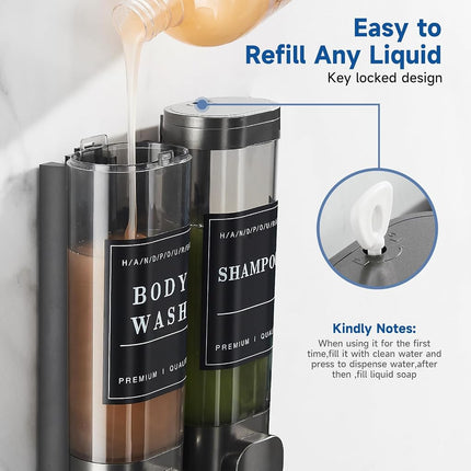 Shower Soap Dispenser Shampoo and Conditioner Dispenser 2 Chamber No Drill Wall-Mounted Shampoo Dispenser for Shower Wall Mounted Shower Dispenser for Bathroom Hotel Large Capacity,Gun Gray