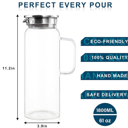 Set of 2 Glass Pitcher with Lid,2 Quart (64 oz / 1.9 Liter) Leak Proof,Glass Water Jugs, BPA-Free,Microwave & Dishwasher Safe Pitcher,Sun & Iced Tea, Sangria,Cold Brew Coffee & More