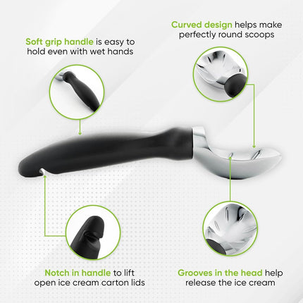 Cuillère à glace robuste Spring Chef avec manche confortable, cuillère à glace professionnelle en métal, ustensile de cuisine lavable au lave-vaisselle, cuillère à glace pour le gelato, le sorbet, la pâte à biscuits - Noir