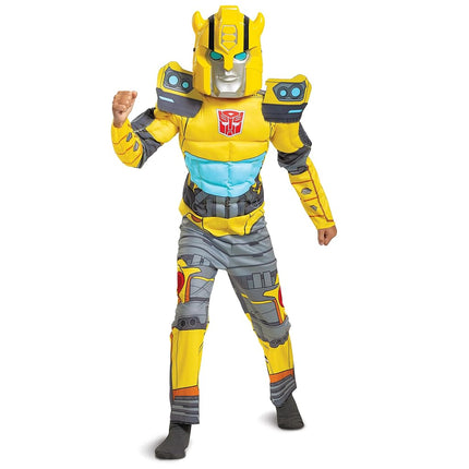 Disfraz oficial de abejorro de Transformers para niños, disfraz de robot para niños, disfraz muscular para niños, ideal para el Día Mundial del Libro, semana de cumpleaños, talla pequeña