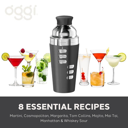 OGGI Dial A Drink Cocktail Shaker-23oz Stainless Steel Shaker, 8 Recipes, Stainless Steel Lid has Built in Strainer, Ideal Cocktail Mixer, Martini Shaker, Margarita Shaker & More, Stainless