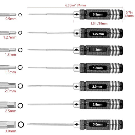 Hex Screwdriver Set - 7pcs Hex Allen Drive Kit 0.9mm 1.27mm 1.3mm 1.5mm 2.0mm 2.5mm 3.0mm Key Repair Tools for Traxxas Arrma Losi Redcat RC Cars Models FPV Drone Helicopter
