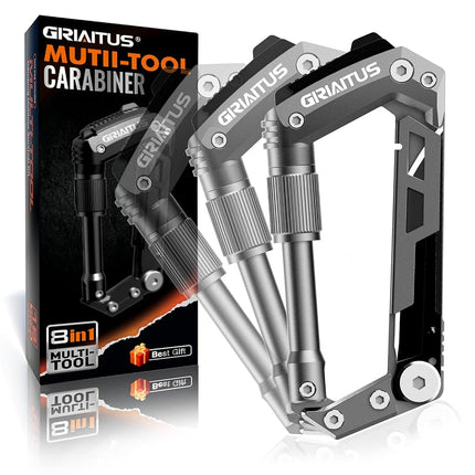 Carabiner Multitool 8-in-1 EDC Carabiners Pocket Knife, Serrated Knife, Rope Cutter, Screwdriver, Can Bottle Opener, Ruler, Survival Gear for Camping Climbing(Gey)