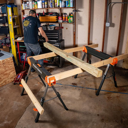 Klein Tools 66188 Folding Saw Horse, 2x4 Support Arms, 26-Inch to 32-Inch Adjustable Height, Heavy Duty Jobsite Table, 1-Pack