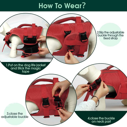 Kuoser Dog Life Jacket High Flotation Reflective Dog Life Vest Red,L