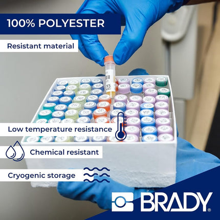 Etiquetas criogénicas de poliéster ultrafinas Brady para laboratorio para impresoras M510 y M511 - Tapa de viales para tubos de ensayo, viales, pipetas de paja - Negro sobre blanco (25.40 x 9.53 mm, 9.53 mm Ø) - M5-118-492