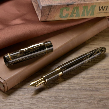 Asvine C2000 Germany Cumberland Ebonite Fountain Pen Number 8 Stub Nib 1.1mm Calligraphy Art Drawing Unique Pattern Pen with Converter Pen Box Collection Set- Brown