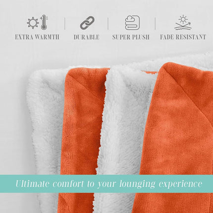 Elegant Comfort Throw Blanket, Reversible Sherpa Flannel, Ultra-Soft, Fuzzy, Cozy and Plush- All Season Lightweight Decorative Throw, 50 x 60 inches, Solid Sherpa Throw, Orange
