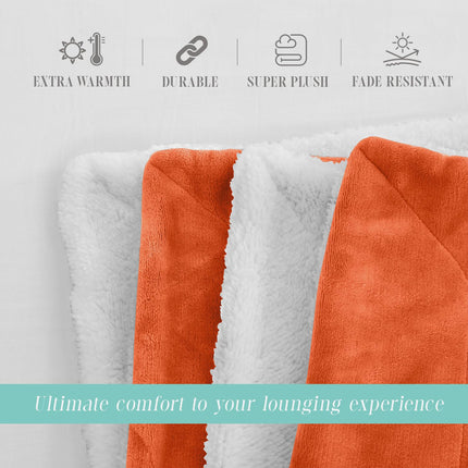 Elegant Comfort Throw Blanket, Reversible Sherpa Flannel, Ultra-Soft, Fuzzy, Cozy and Plush- All Season Lightweight Decorative Throw, 50 x 60 inches, Solid Sherpa Throw, Orange