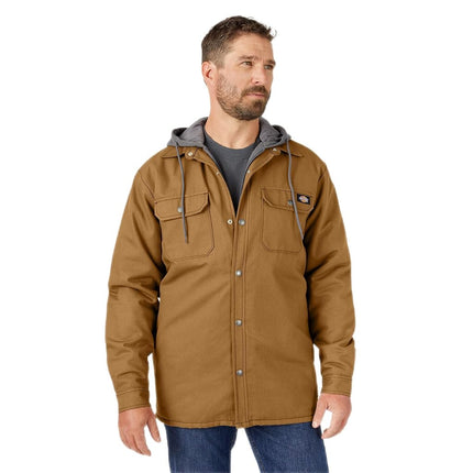 Dickies Men's Fleece Hooded Shirt Jacket with Hydroshield Work Utility Outerwear, Brown Duck, XS