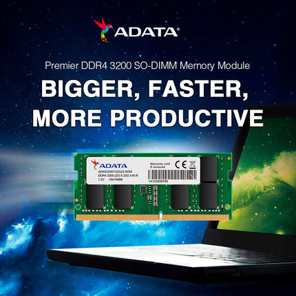 ADATA Premier 16GB, DDR4, 3200MHz (PC4-25600), CL22, SODIMM Memory, 2048x8