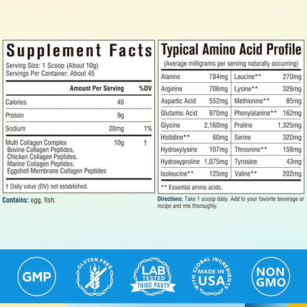 Multi Collagen Powder Type I II III V X with Biotin Vitamin C Hyaluronic Acid, Paleo & Keto Friendly,16 Oz, Skin Hair Nail & Joint Support, Bovine Marine Chicken & Eggshell, Non-GMO Gluten-Free
