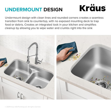 KRAUS KBU32 Premier 32-inch 16 Gauge Undermount 50/50 Double Bowl Kitchen Sink with Smart Low Divider
