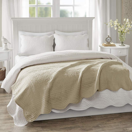 Madison Park Madison Park Luxe Quilted Throw Blanket - Damask Stitching Design, Cotton Filled Spread, Ultra Soft, Cozy Bedding for Living Room Couch, Sofa, Bed, 60x72", Scalloped Borders Khaki