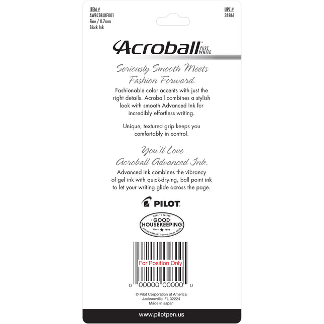 Pilot Acroball PureWhite Advanced Ink Refillable & Retractable Ball Point Pens with Turquoise/Orange/Purple/Lime/Blue Accents, Fine Point, Black Ink, 5-Pack (31861)