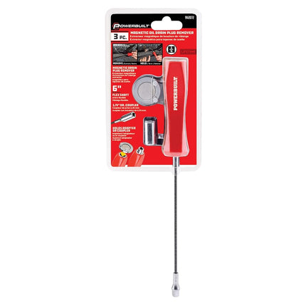 Powerbuilt Magnetic Oil Drain Plug Remover Tool, Flexible Shaft for Easy Reach, Hex Bit Magnet Adapter, Hold and Remove Plugs - Red 942072