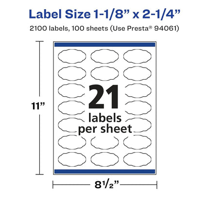Avery Matte White Oval Scalloped Labels with Sure Feed, 1-1/8" x 2-1/4", 2,100 Matte White Printable Labels