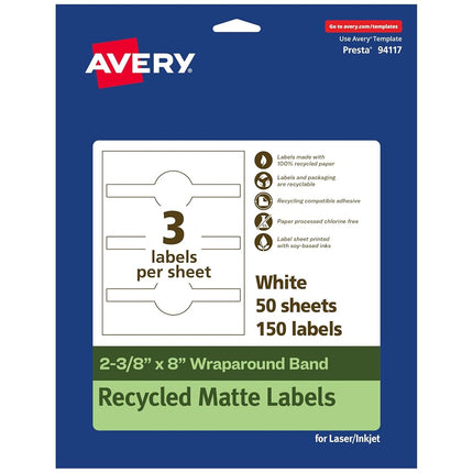 Etiquetas envolventes recicladas Avery EcoFriendly, 2-3/8" x 8", etiquetas tipo faja, blanco mate, adhesivo permanente, imprimibles con láser/inyección de tinta, 150 en total