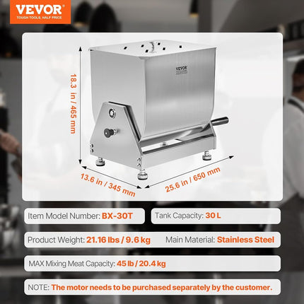 VEVOR Manual Meat Mixer, 30L Tilt Tank – Heavy Duty Stainless Steel Hand Mixer for Ground Beef & Sausage, Max 45lb Mixing Meat Capacity, with Lid Handle