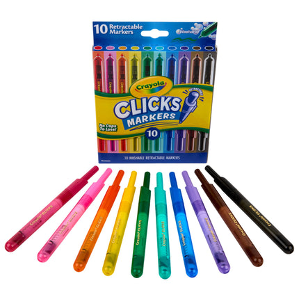 CRAYOLA Clicks Rotuladores - Paquete de 10 Rotuladores Retráctiles Lavables Sin Tapa de 2 en 1 Punta Cónica para Líneas Finas y Gruesas para la Escuela el Hogar y Viajes, Niños y Adultos