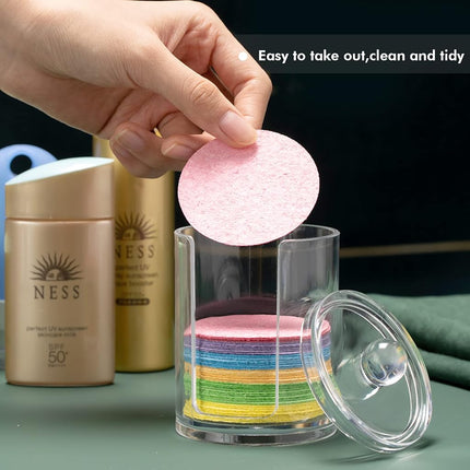50 Pieces Compressed Natural Facial Sponges Round Soft Face Exfoliator Cleansing Sponge Reusable Cosmetic Sponge with Clear Plastic Sponge Storage Jar for Exfoliating, Makeup Removal (Multi-Color)