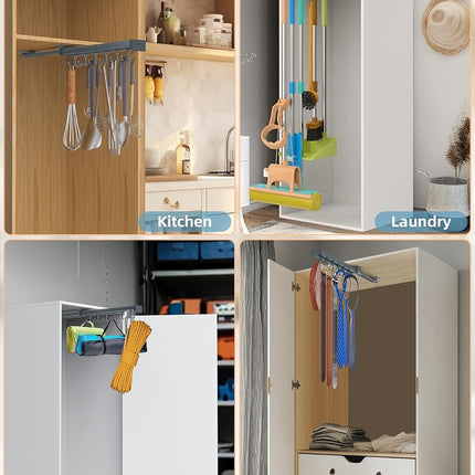 PrimZooty Pull Out Broom Holder, Multifunctional Slide Broom And Mop Storage/Organizer With Adjustable Double Row Sliding Hook, Garage Organization Hooks, for Closet Laundry Garage - Dark grey - 36cm