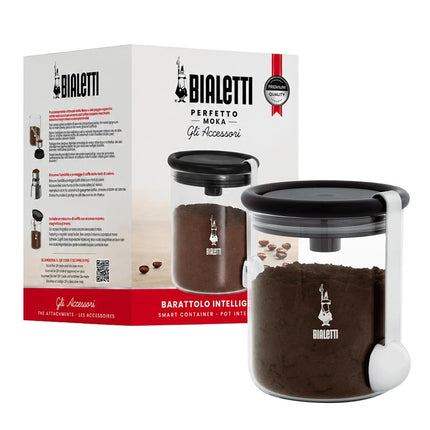 Bialetti Smart Coffee Jar, 250g Capacity – Made in Glass to Preserve Coffee Aroma – Airtight Seal, Stainless Steel Coffee Scoop, Holder for Bialetti Moka Funnel