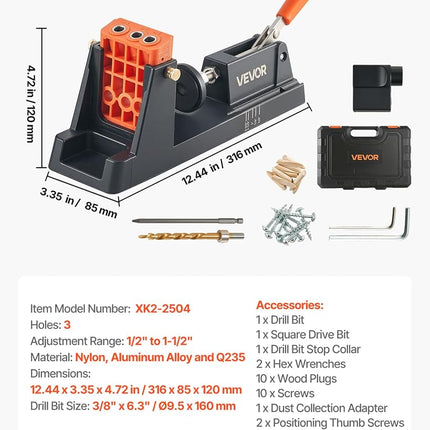 VEVOR Pocket Hole Jig Kit, 12.7 to 38.1 mm Adjustable, Lightweight Jig Pocket Hole System with Dust Collection Adapter, Detachable Guide Block, Drill Bit, Stop Collar, Easy Adjusting, for Woodworking