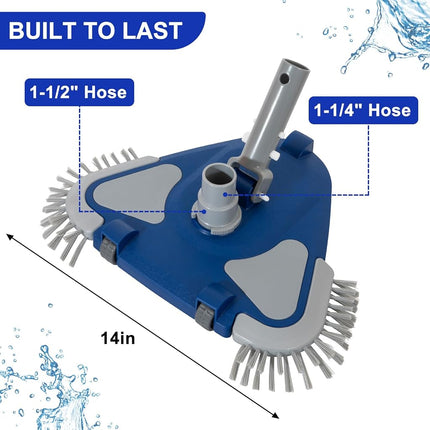 POOLAZA Pool Vacuum Head, Weighted, 1-1/4'', 1-1/2'' Swivel Hose Connection, Bottom & Side Brushes, Thorough Cleaning, Smooth Maneuverability, Navy Blue, Plastic, Inground & Above Ground Pools