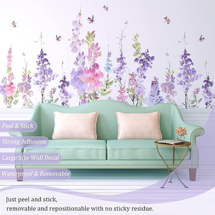 VePret Purple Flowers Wall Decals Peel and Stick, Large Hanging Floral Leaf Vinyl Wall Stickers, Removable Vine Home Decor Art for Bedroom Living Room Classroom Office