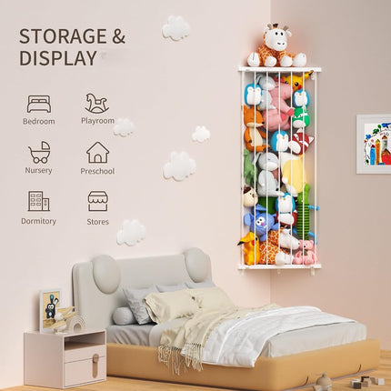 Befayoo Corner Stuffed Animal Storage Toy Organizer - Kids Room Stuffed Animal Holder Length Adjustable Plushie Toys Shelf - Large Corner Plush Toys Storage for Nursery Playroom Bedroom (White)