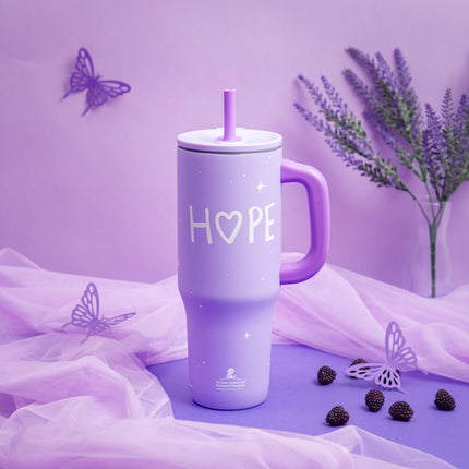 Vaso de viaje Zak Designs St. Jude Sutton para llevar, acero inoxidable de 40 oz con aislamiento al vacío, pajita de silicona y asa de transporte para bebidas frías (Hope)