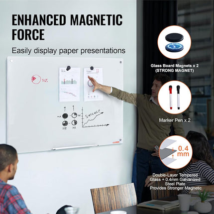 VEVOR Magnetic Glass Writing Board, Erasable 48"x32", Frameless Wall Hanging White Glassboard, Includes Marker Holder, an Eraser, and 2 Writing Pens, White
