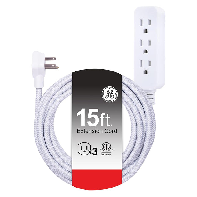 GE Pro 3-Outlet Power Strip with Surge Protection, 15 Ft Designer Braided Extension Cord, Grounded, Flat Plug, 250 Joules, Warranty, UL Listed, White/Gray, 40530