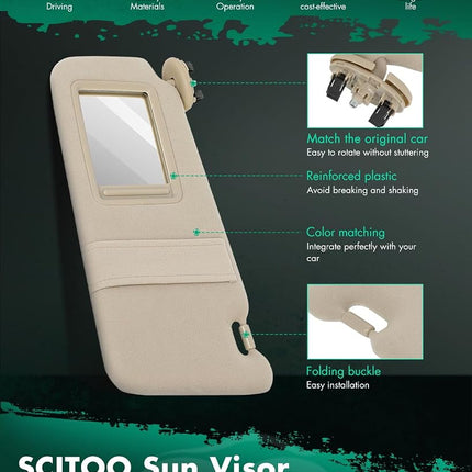 SCITOO Left Driver Side Beige Sun Visor Assembly fit for 2006 2007 2008 2009 2010 2011 for Toyota Camry without Sunroof(74320-06780-E0,04002-30506-B0,74320-06290-B2)