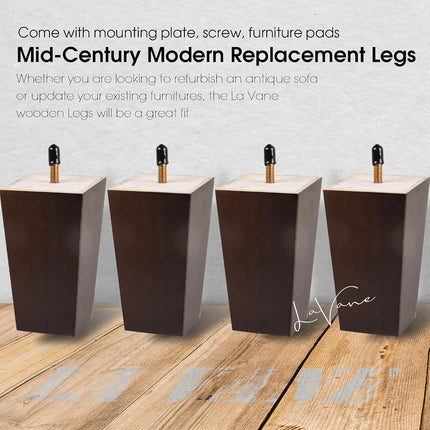 La Vane 3 inch / 8cm Solid Wood Furniture Legs Set of 4, Walnut Square Pyramid Replacement Feet for Couch Sofa Armchair - Mid-Century Modern with Pre-Drilled M8 Bolt & Metal Mounting Plates