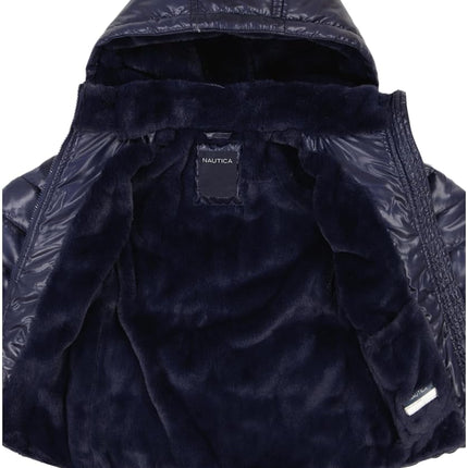 Nautica niñas Abrigo de invierno acolchado con capucha de peso pesado con cremallera completa, Peacoat Sparkle, 8-10
