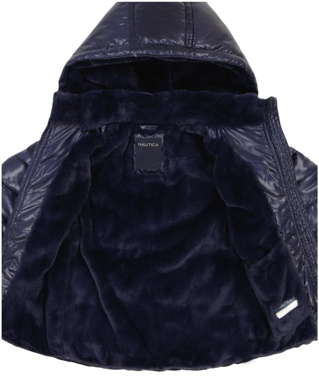Nautica girls Heavyweight Hooded Winter Puffer Coat With Full Length Zipper, Peacoat Sparkle, 6X