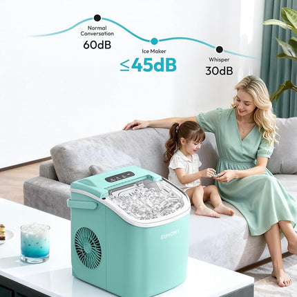 EUHOMY Countertop Ice Maker Machine with Handle, 26lbs Per Day, 9 Ice Cubes Ready in 6 Mins, Auto-Cleaning Portable Ice Maker with Basket and Scoop, for Home/Kitchen/Camping/RV (Green)