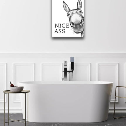 UPWOIGH Funny Bathroom Wall Art Decor, Black and White Donkey Wall Art, Waterproof Wood Framed Canvas Wall Art Animals Abstract Prints, 12x16in High-end Pictures for Dormitory Kids Room 1 Pack