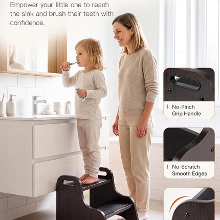 StrongTek Wood 2 Step Stool for Kids Handles Non Slip Black Brown