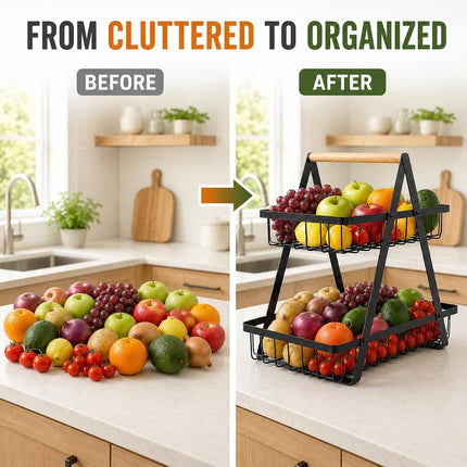 mahueeol 2 Tier Countertop Fruit Basket,Portable Fruit Bowle Basker for Kitchen Organizer Storage & Dining Room Fruits Vegetable BreadSnacks, Detachable Metal Rectangle Basket Storage