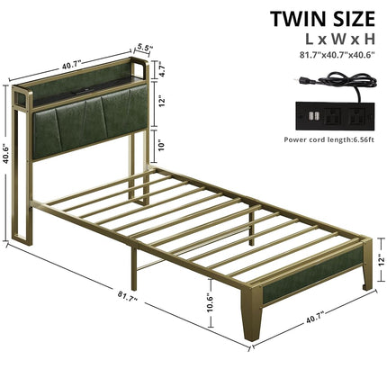 LIKIMIO Twin Bed Frame, Storage Headboard with Charging Station, Solid and Stable, Noise Free, No Box Spring Needed, Easy Assembly (Dark Green)