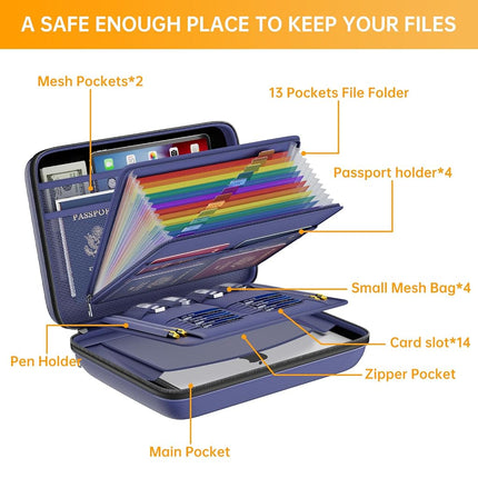 DocSafe Fireproof File Organizer with Lock, Hard-Shell Case Fireproof Document Box with 13 Pocket Accordion File Folder, Portable Home Office Travel Safe Storage for Important Documents Laptop Blue